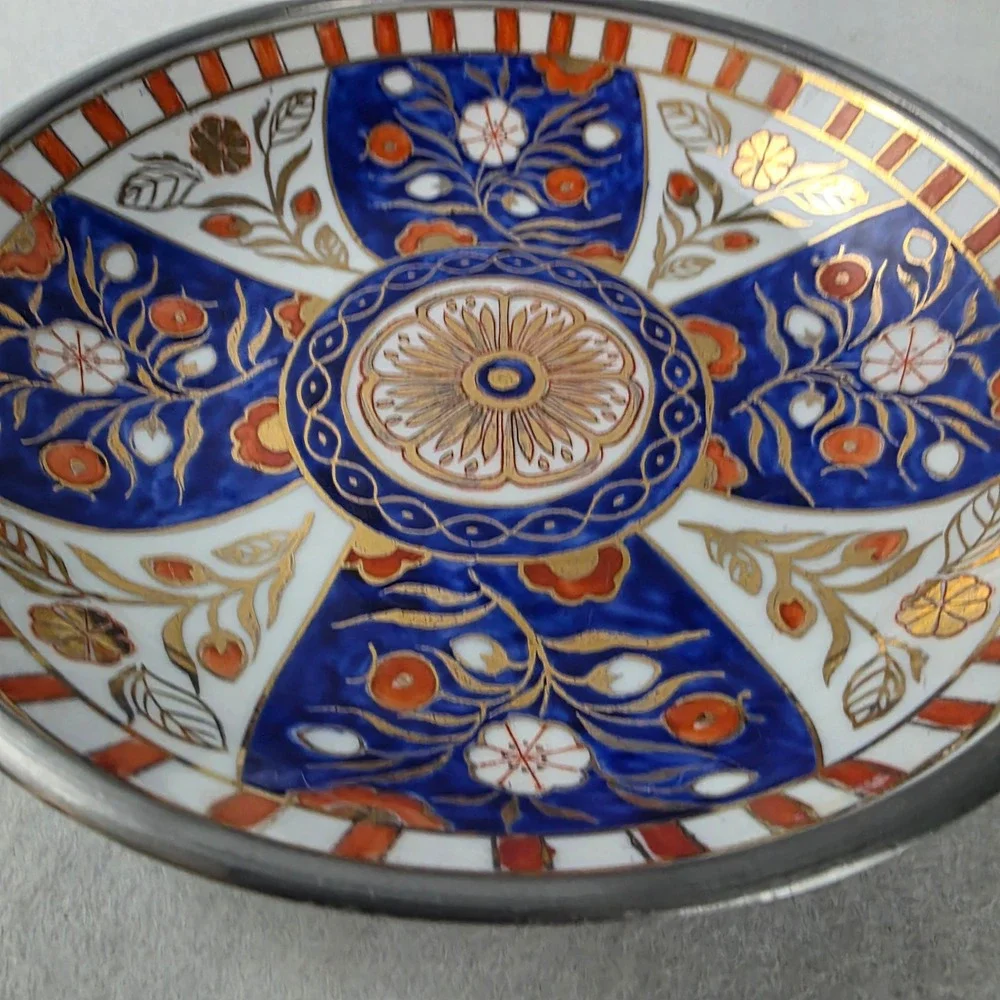 Neiman Marcus Vintage Imari Porcelain Pewter Encased Bowl Hong Kong Floral Gilt